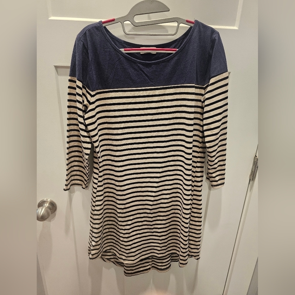 Umgee USA Navy Cream Striped Tunic Top Women’s Large ¾ Sleeve Cotton Blend